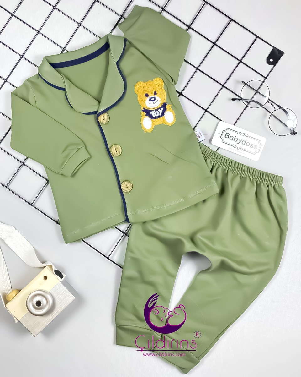 Miniapple Düğmeli Toy Ayıcık Nakışlı 2’li Pijama Takımı