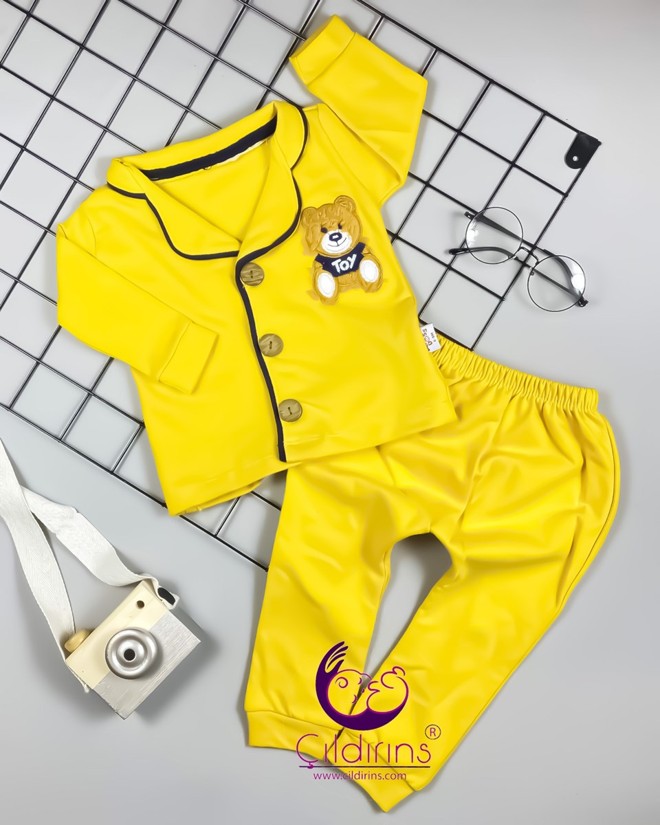 Miniapple Düğmeli Toy Ayıcık Nakışlı 2’li Pijama Takımı - HARDAL