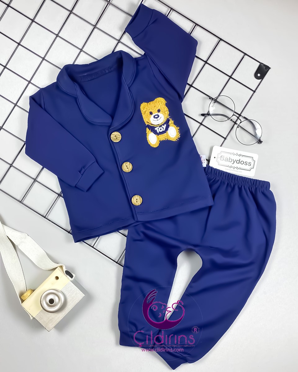 Miniapple Düğmeli Toy Ayıcık Nakışlı 2’li Pijama Takımı - GRİ