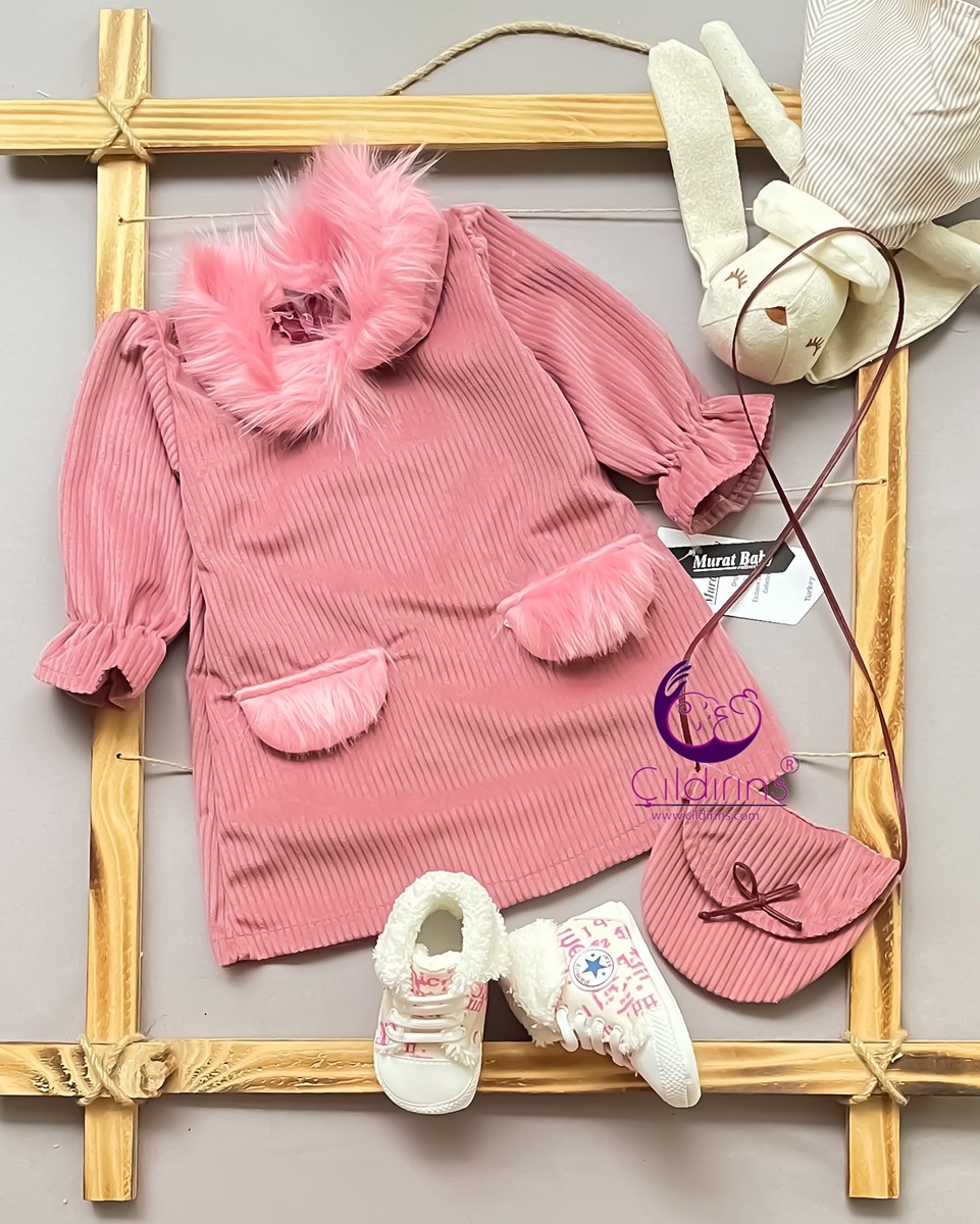 Miniapple Yakası ve Cepli Peluşlu Çantalı Kadife Bebek Elbisesi - GÜL KURUSU
