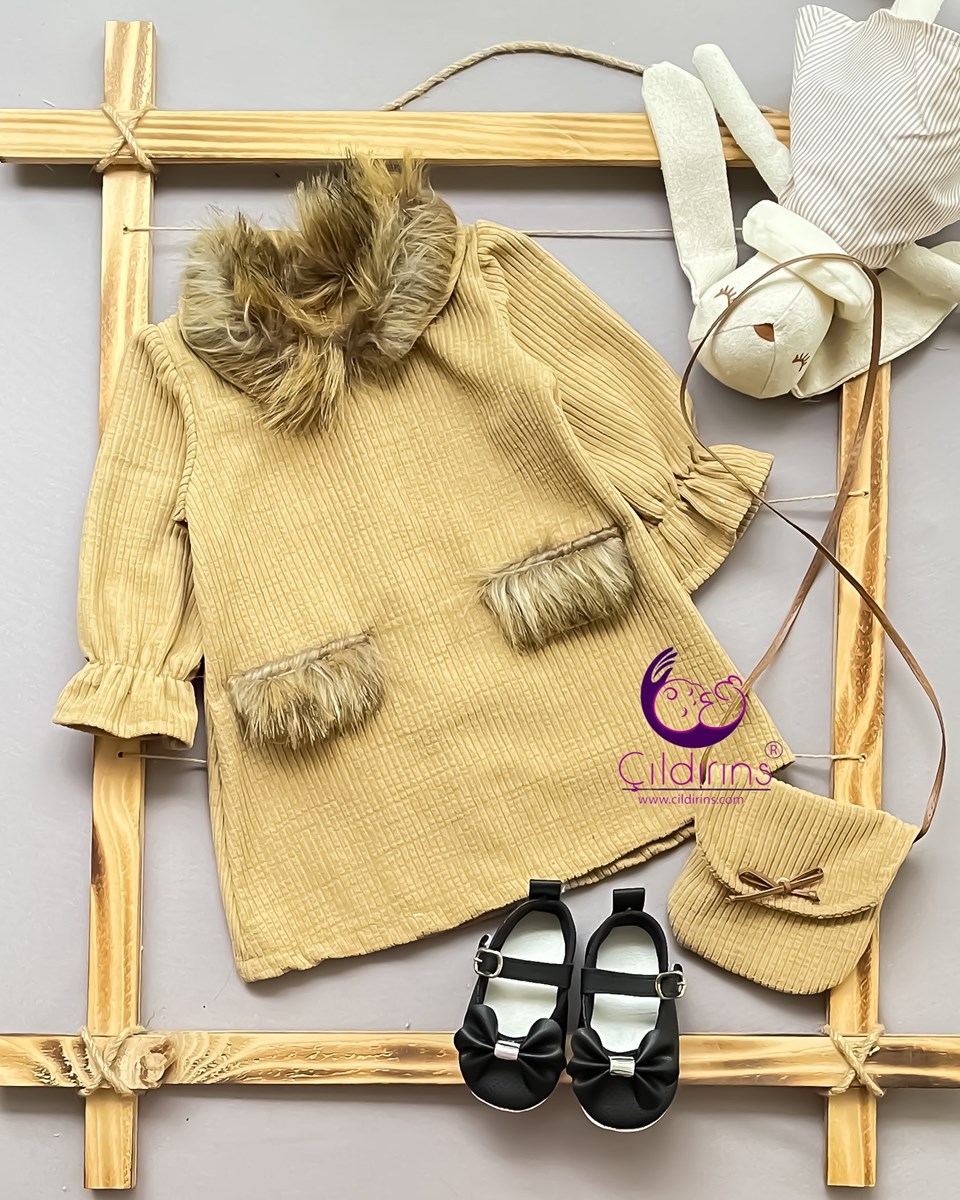 Miniapple Yakası ve Cepli Peluşlu Çantalı Kadife Bebek Elbisesi - BORDO