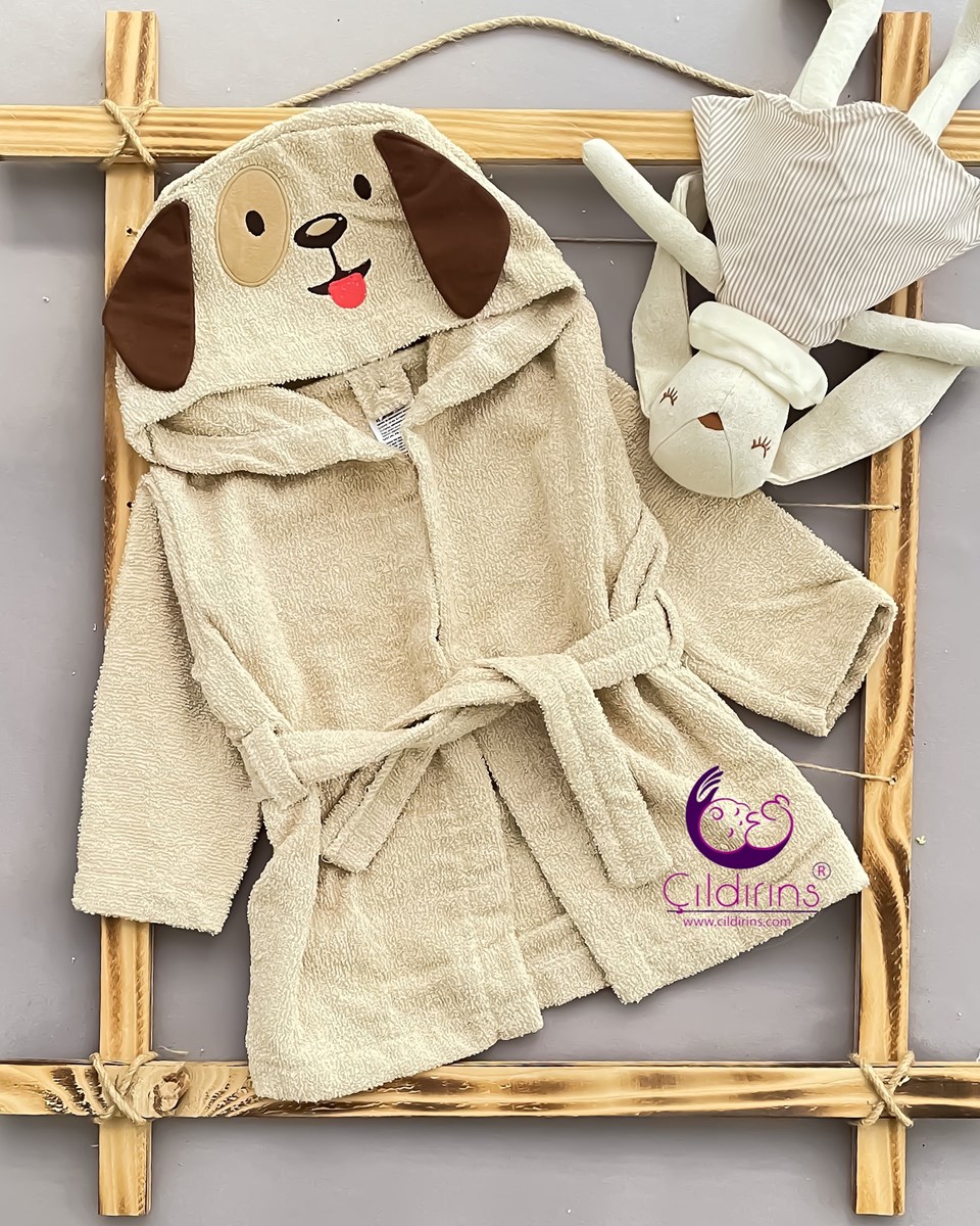 Miniapple Sevimli Köpek Nakışlı Bebek Bornozu - KREM