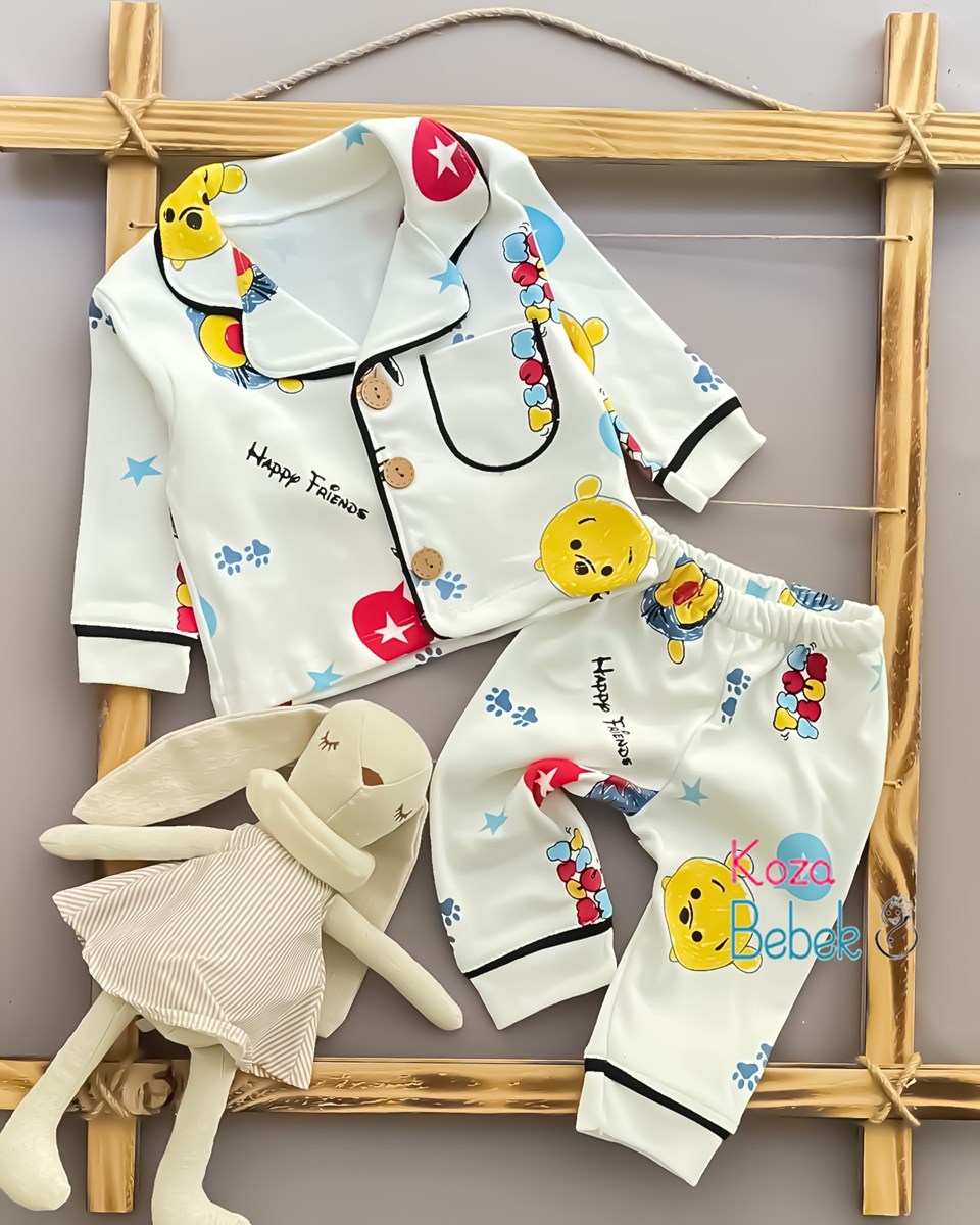 Minilove Happy Friends Ayıcık Baskılı Düğmeli 2’li Pijama Bebek Takımı