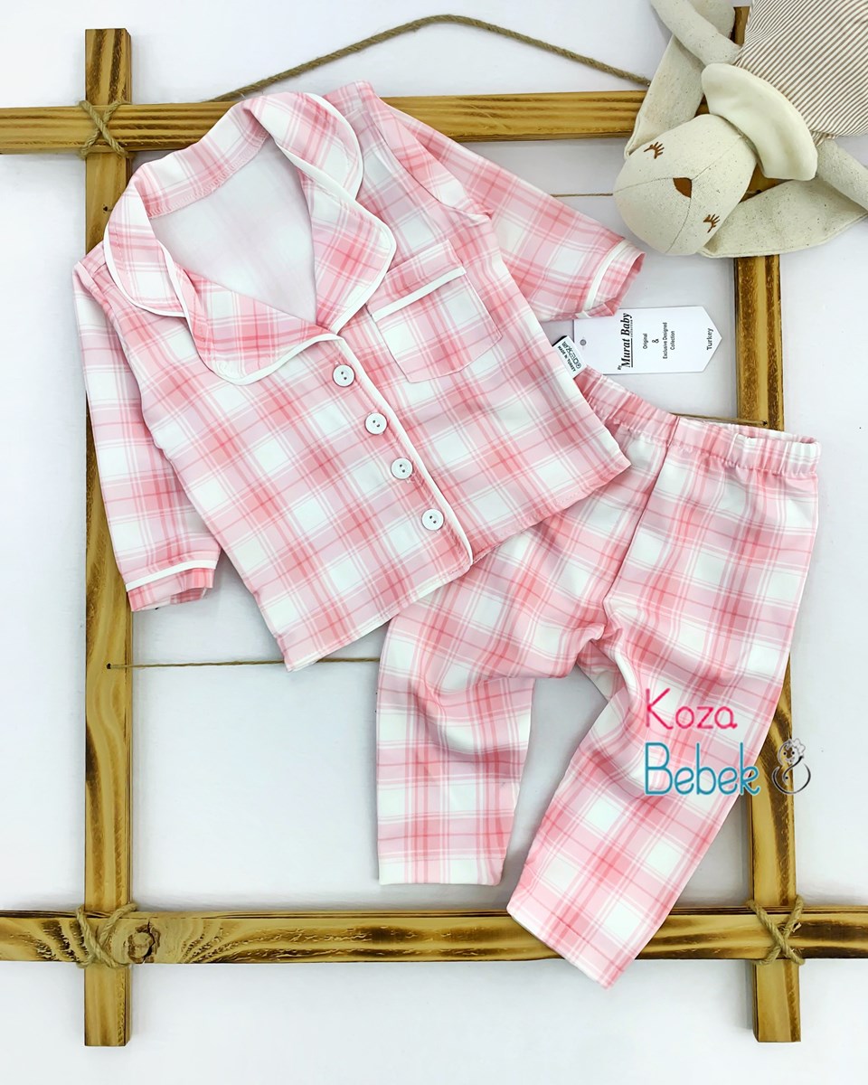 Miniapple Ekoseli Cepli Düğmeli 2’li Bebek Pijama Takımı