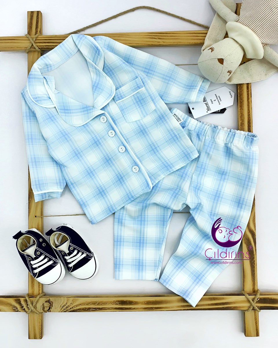 Miniapple Ekoseli Cepli Düğmeli 2’li Bebek Pijama Takımı - MAVİ