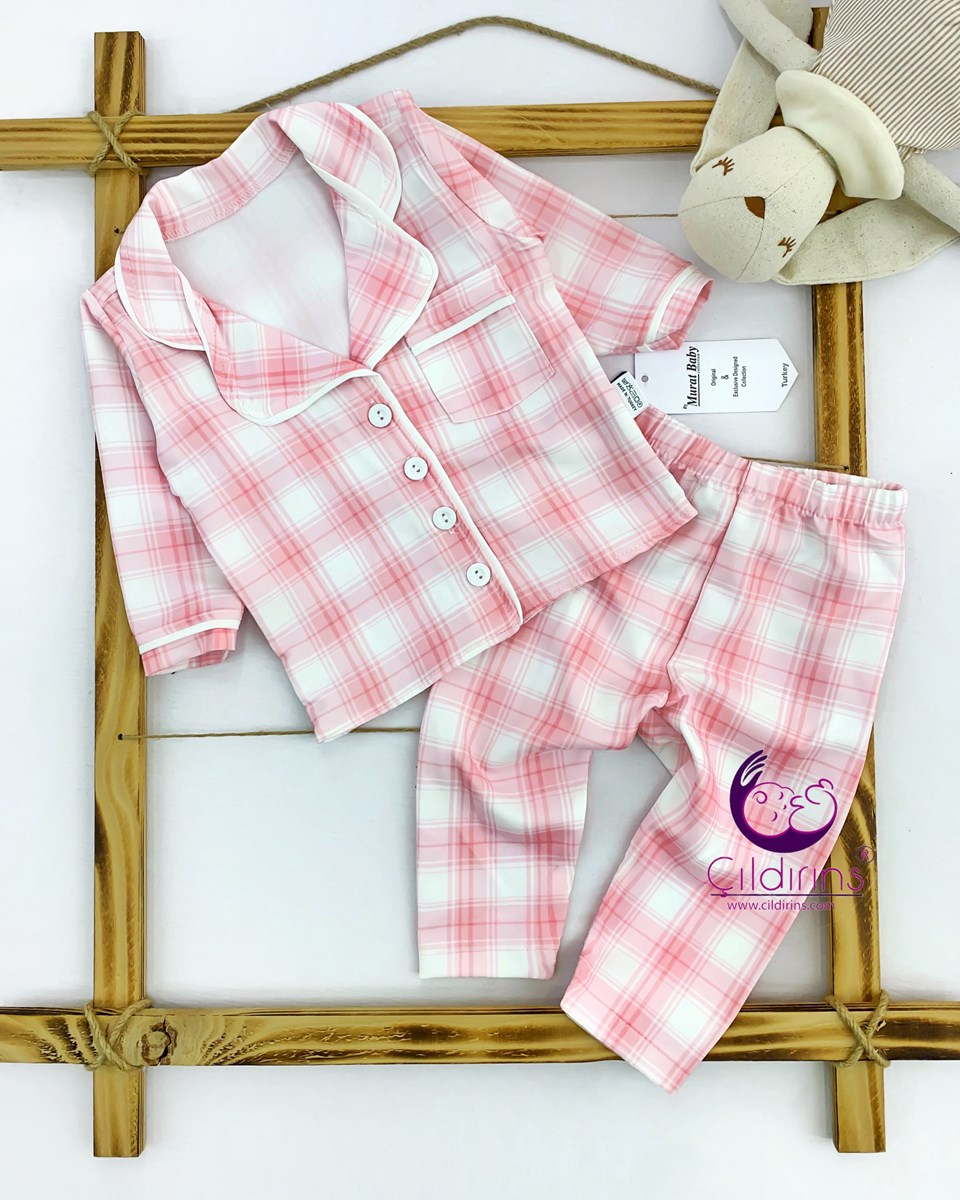 Miniapple Ekoseli Cepli Düğmeli 2’li Bebek Pijama Takımı - MAVİ