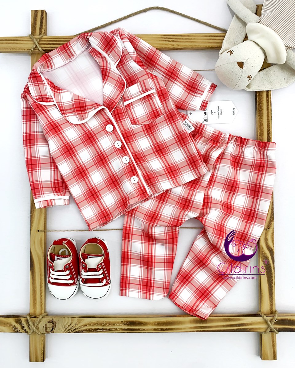 Miniapple Ekoseli Cepli Düğmeli 2’li Bebek Pijama Takımı - PEMBE