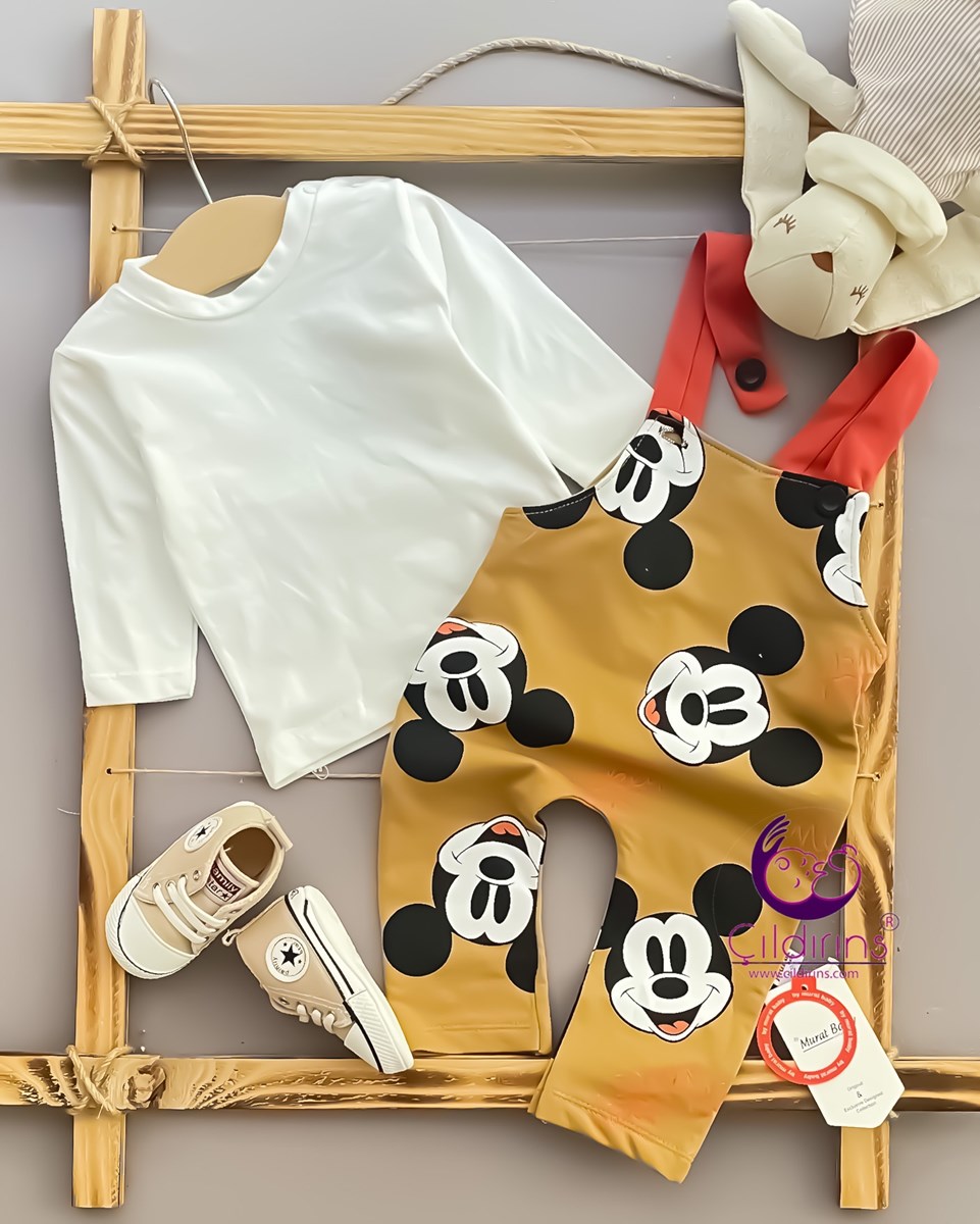 Miniapple Mickey Mouse Baskılı İçi Badili Salopet BebeK Tulumu - YEŞİL