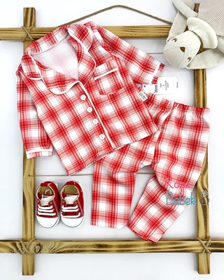 Miniapple Ekoseli Cepli Düğmeli 2’li Bebek Pijama Takımı
