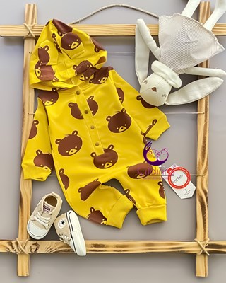 Miniapple Kahverengi Ayıcık Baskılı Kapüşonlu Düğmeli Bebek Tulumu - KAHVERENGİ