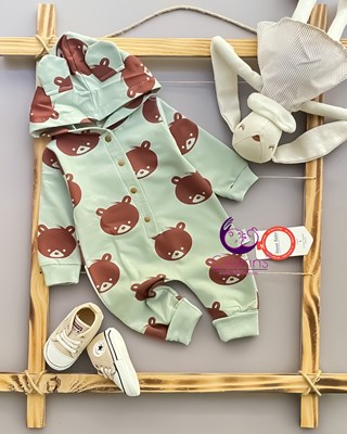 Miniapple Kahverengi Ayıcık Baskılı Kapüşonlu Düğmeli Bebek Tulumu - HARDAL