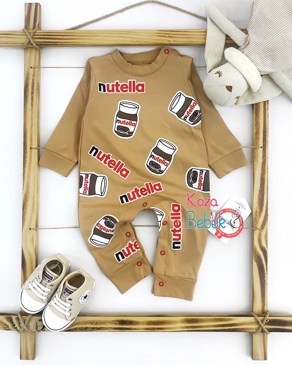 Miniapple Nutella Baskılı Alttan ve Omuzdan Çıtçıtlı Bebek Tulumu