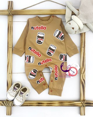 Miniapple Nutella Baskılı Alttan ve Omuzdan Çıtçıtlı Bebek Tulumu - KAHVERENGİ