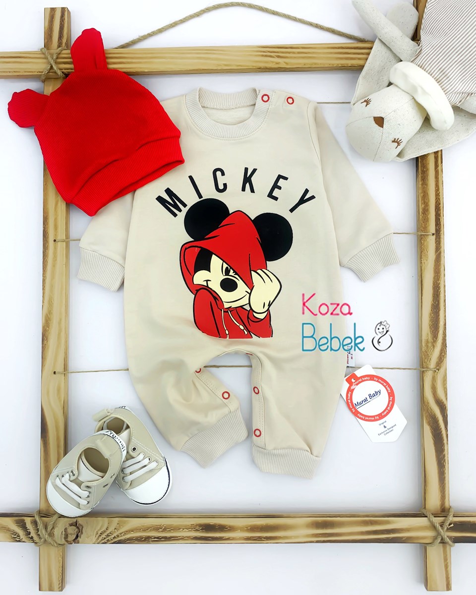 Miniapple Hug Me Mickey Baskılı Şapkalı Alttan Çıtçıtlı Bebek Tulumu