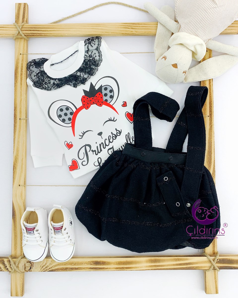 Le Jewell Princess Tavşan Baskılı Badili Balon Etekli 2’li Bebek Takımı - Siyah