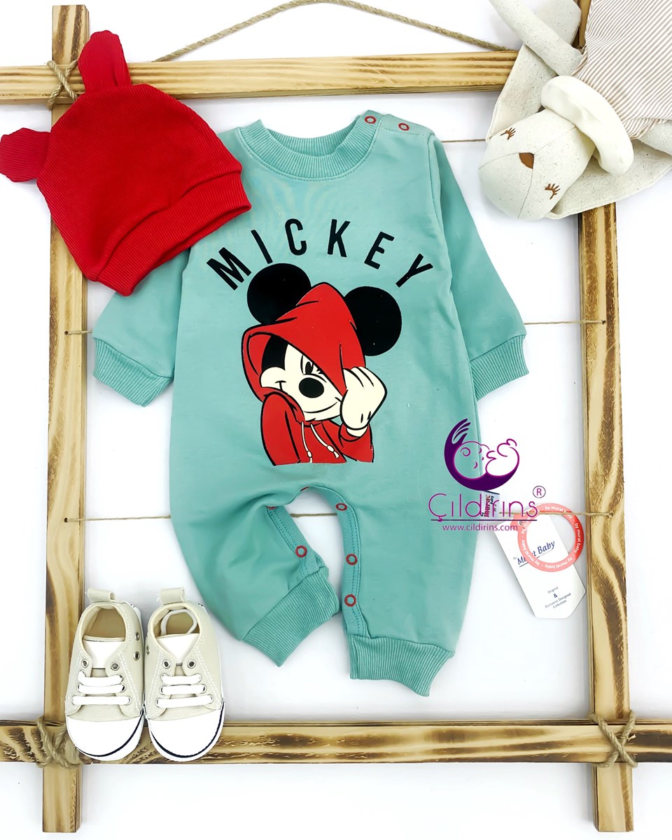 Miniapple Hug Me Mickey Baskılı Şapkalı Alttan Çıtçıtlı Bebek Tulumu - TURUNCU