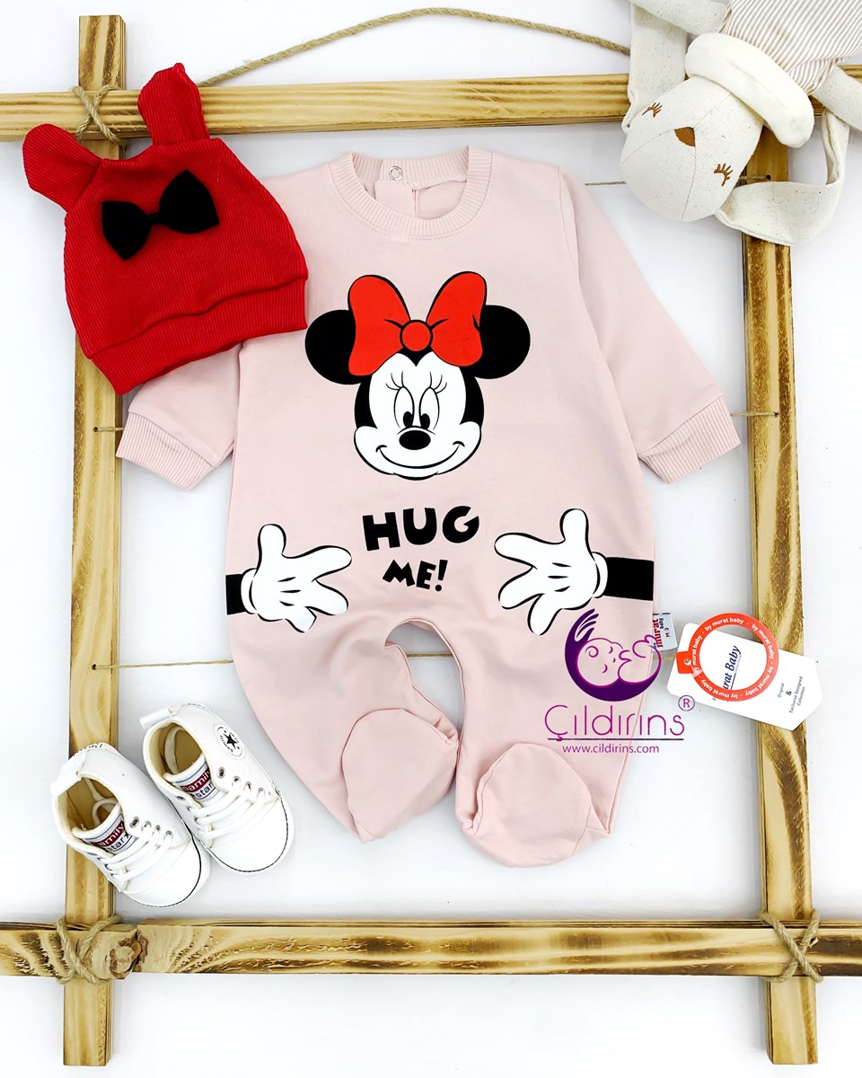 Miniapple Hug Me Minnie Baskılı Şapkalı Alttan Çıtçıtlı Bebek Tulumu - KREM