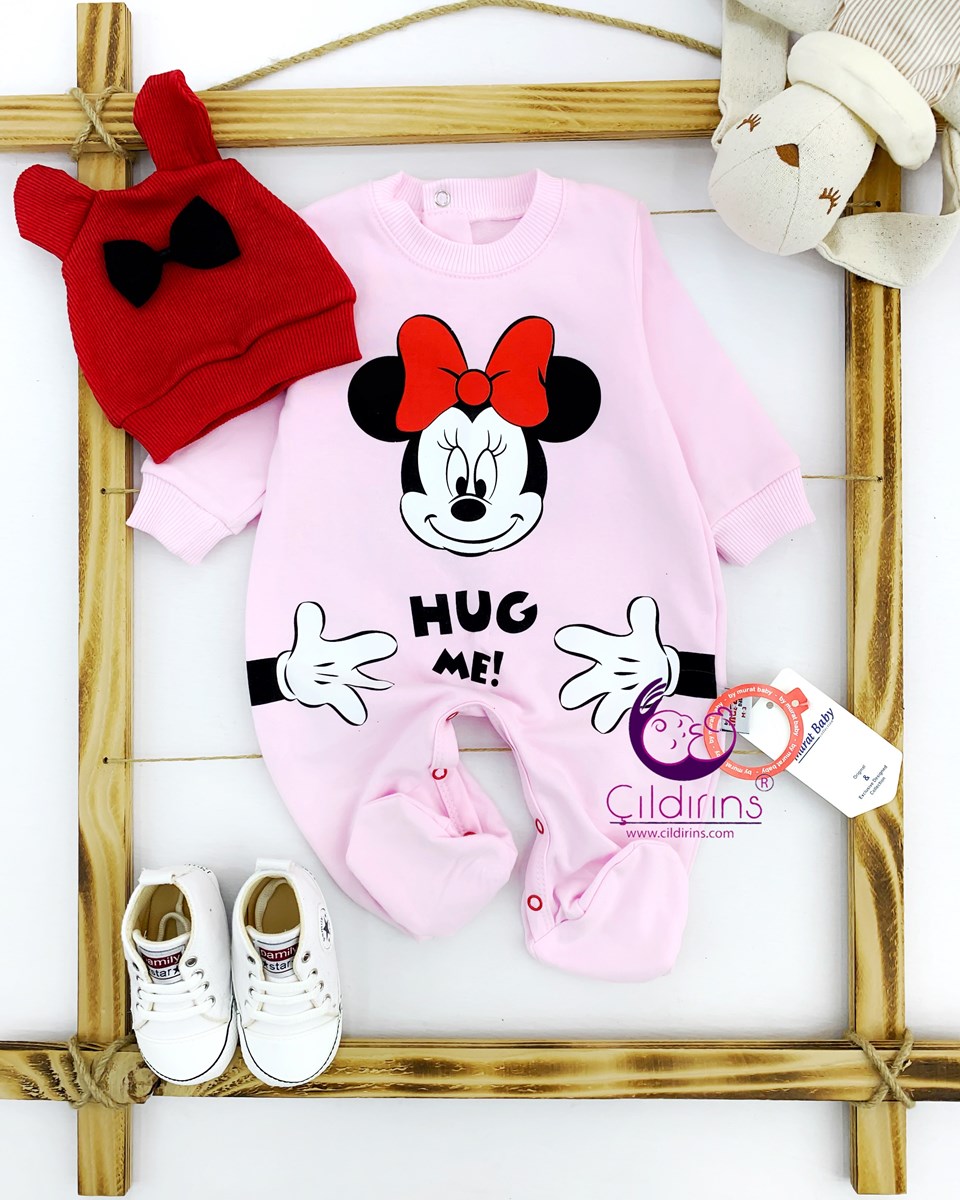 Miniapple Hug Me Minnie Baskılı Şapkalı Alttan Çıtçıtlı Bebek Tulumu - LİLA