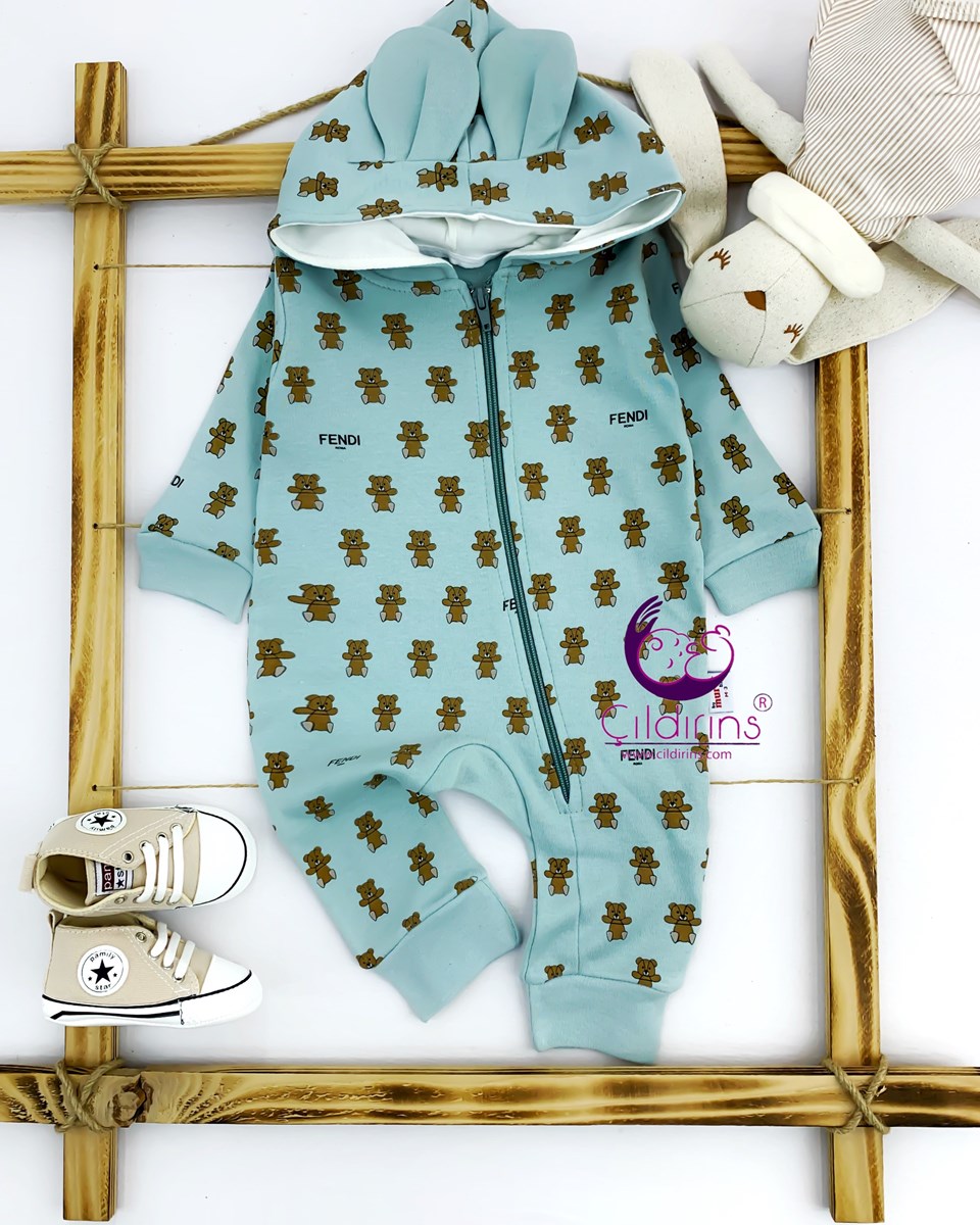Miniapple Küçük Fendi Ayıcık Desenli Kapüşonlu Fermuarlı Bebek Tulumu - YEŞİL