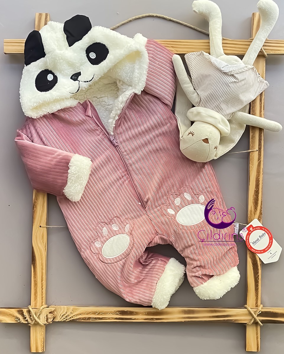 Miniapple İçi Welsoft Peluşlu Panda Nakışlı Fitilli Kapüşonlu Bebek Tulumu - PEMBE