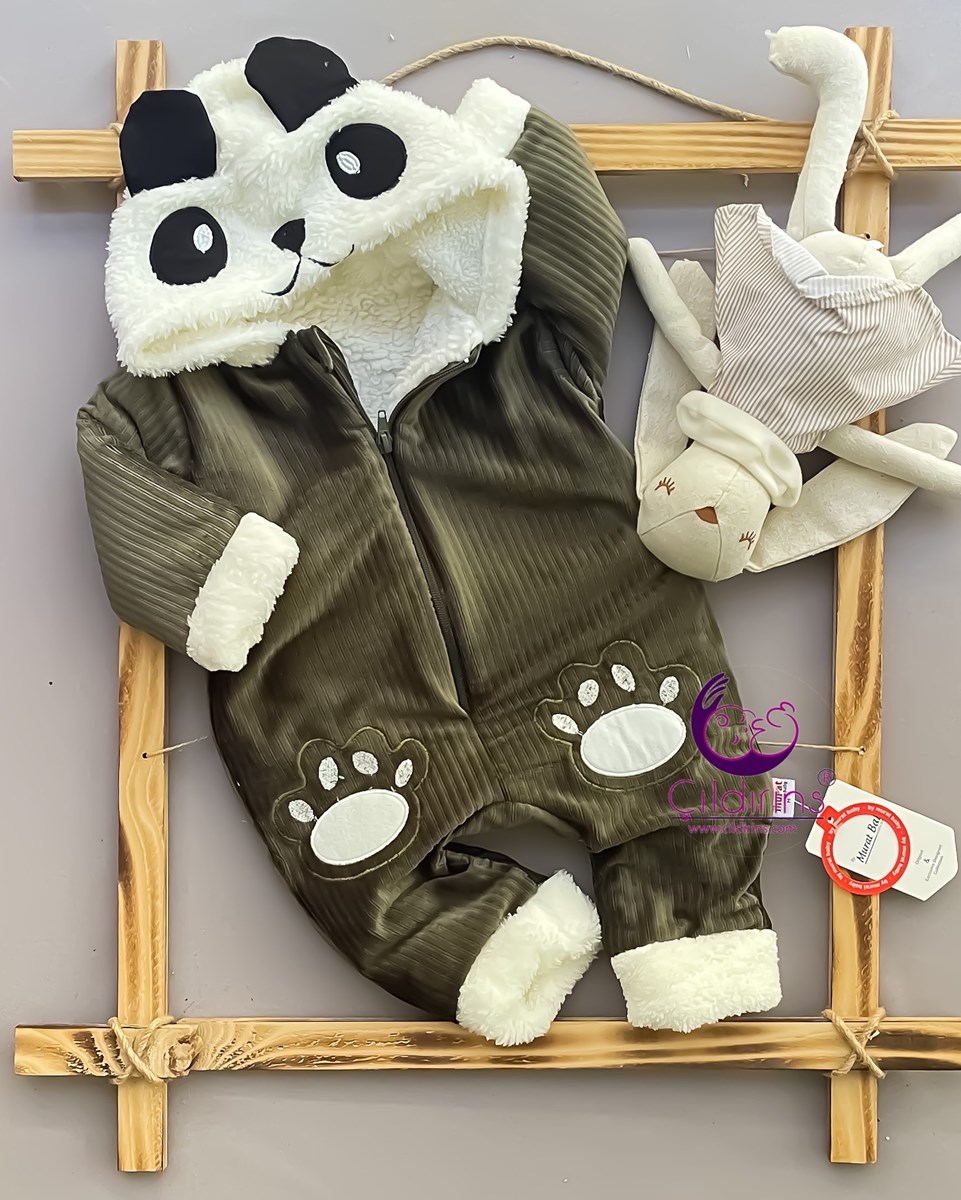 Miniapple İçi Welsoft Peluşlu Panda Nakışlı Fitilli Kapüşonlu Bebek Tulumu - HARDAL