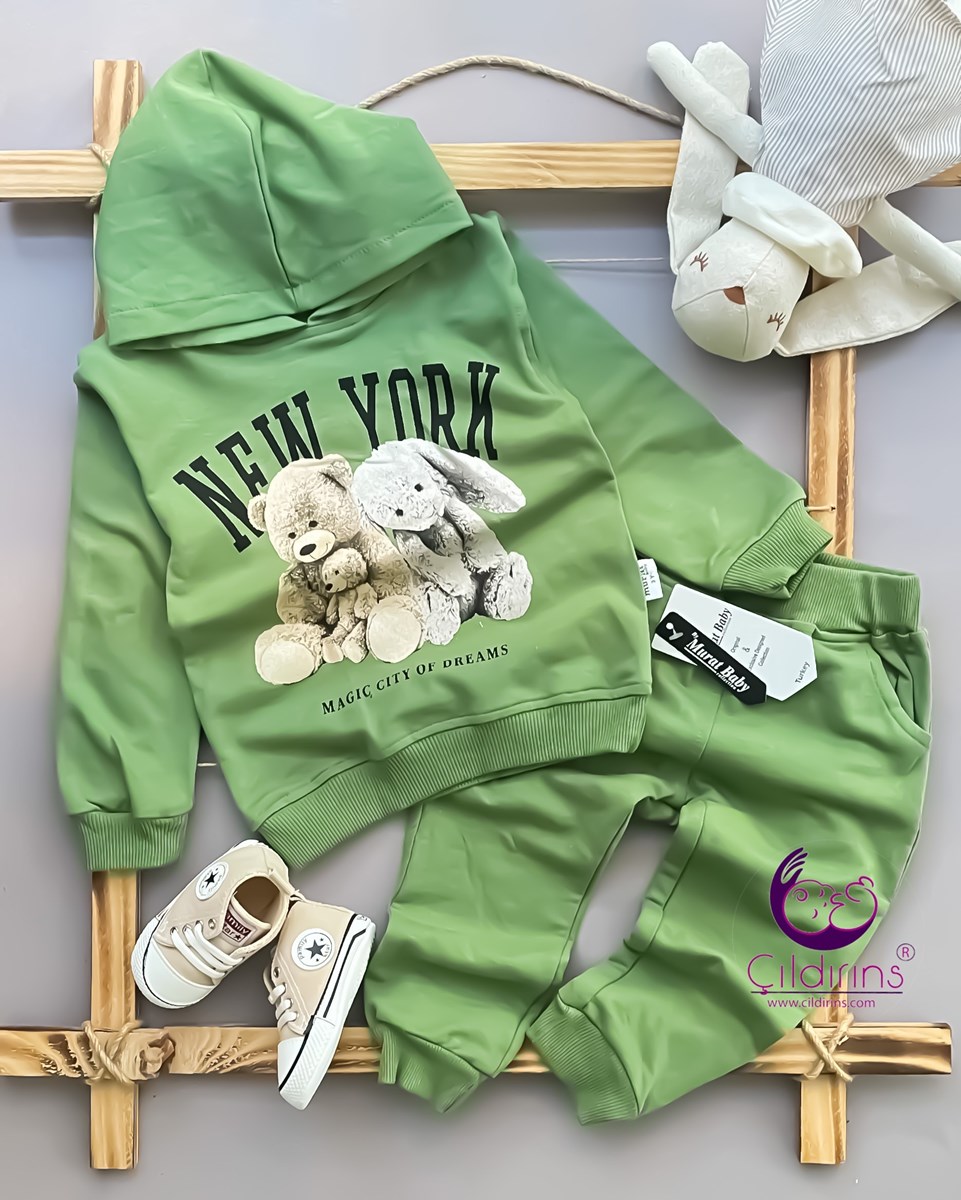 Miniapple New York Baskılı Kapüşonlu Büyük Yaş 2’li Bebek Takımı - HAKİ