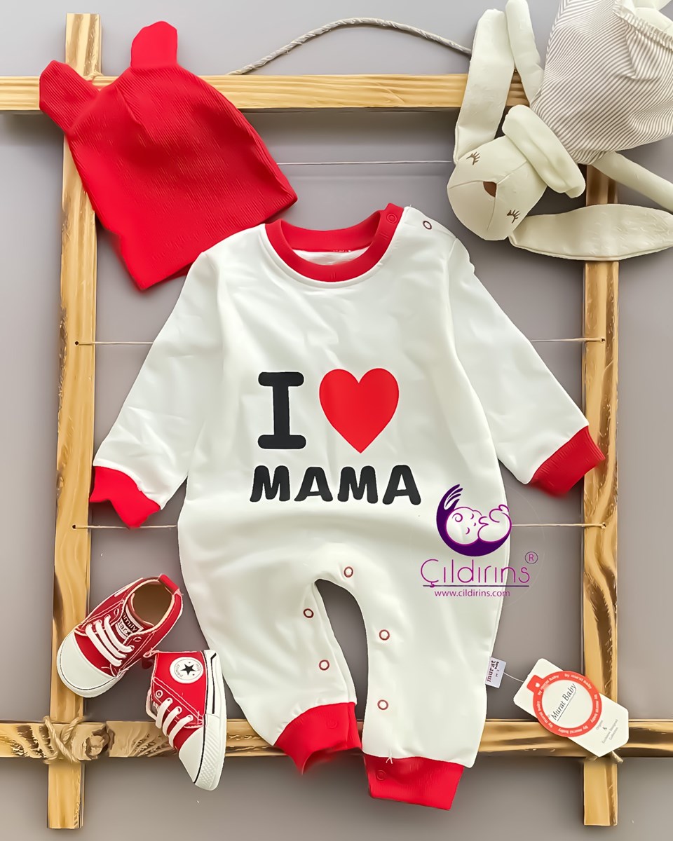 Miniapple I Love Mama Baskılı Şapkalı Bebek Tulumu - GRİ
