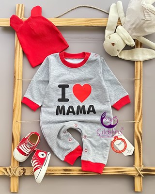 Miniapple I Love Mama Baskılı Şapkalı Bebek Tulumu - SİYAH