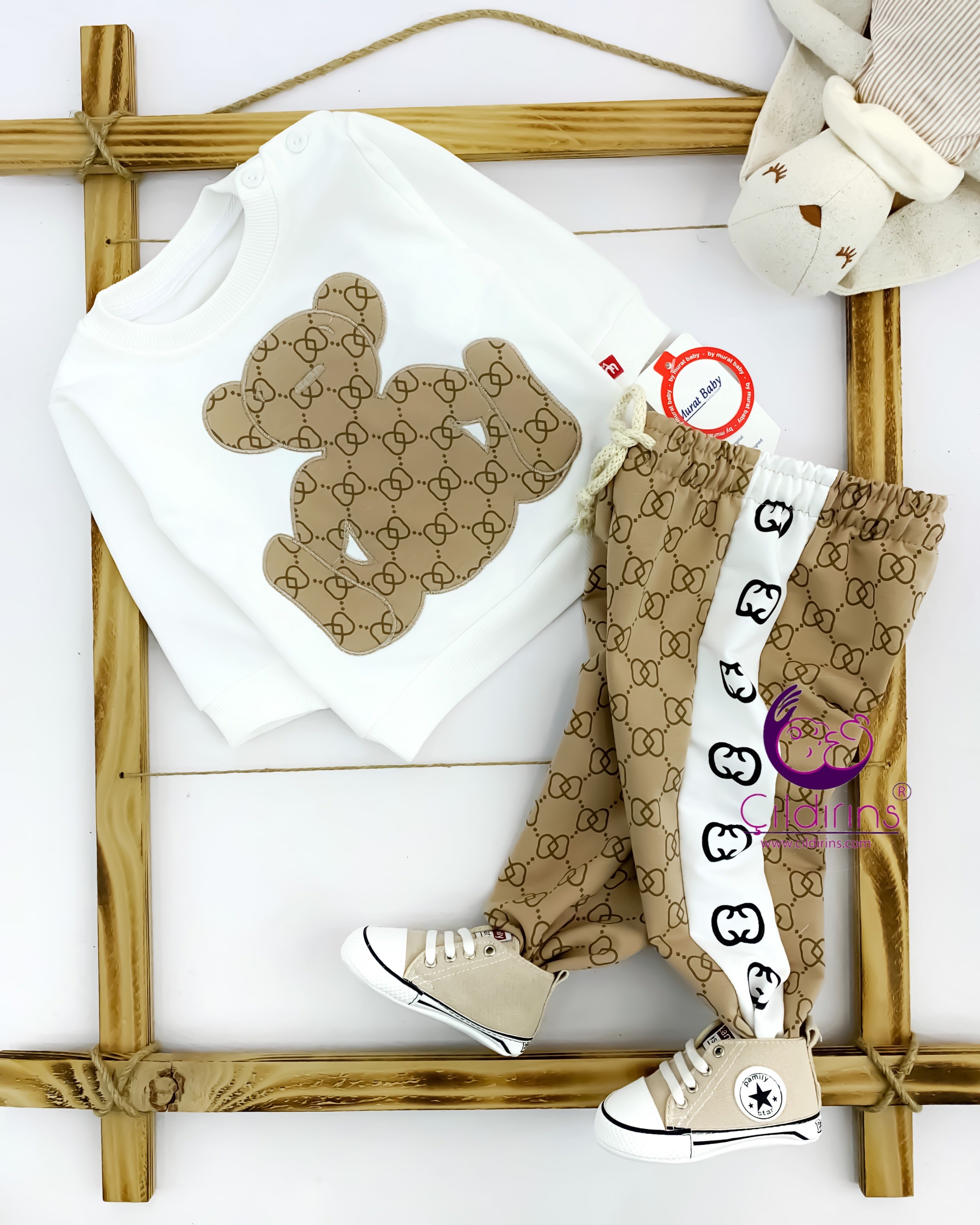 Miniapple Ayıcık Gucci Nakışlı 2’li Bebek Takımı - GRİ