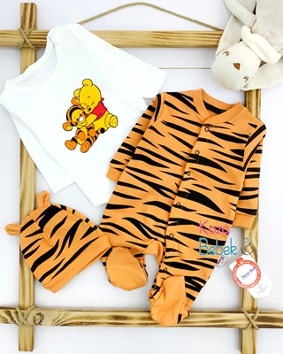 Miniapple Winnie The Pooh ve Tiger Baskılı Badili Bereli 3’lü Bebek Tulumu Seti