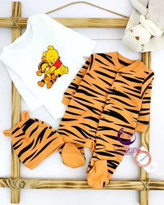 Miniapple Winnie The Pooh ve Tiger Baskılı Badili Bereli 3’lü Bebek Tulumu Seti - TURUNCU