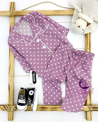 Miniapple Puantiyeli Yakalı Düğmeli 2’li Bebek Pijama TakımI - LİLA
