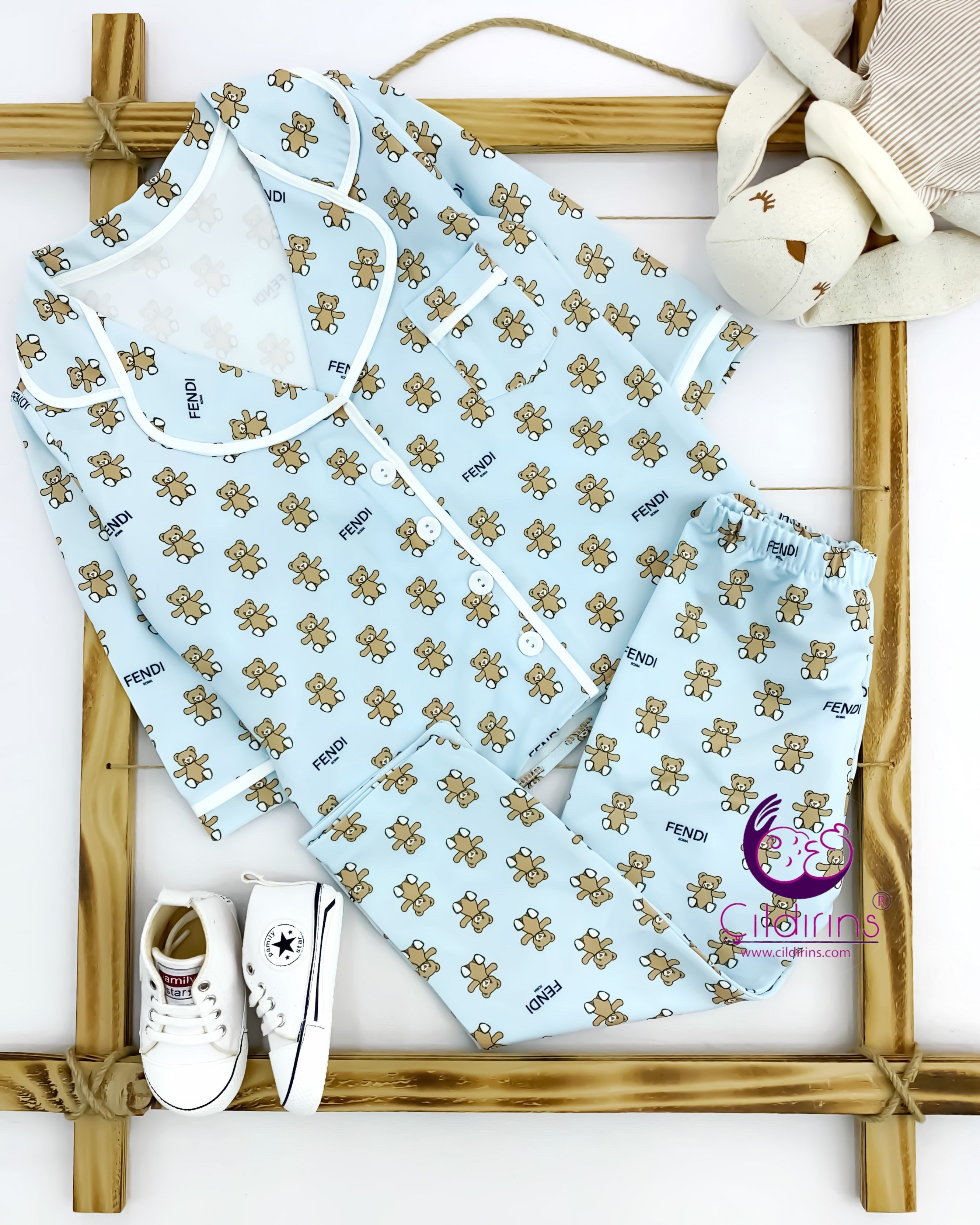 Miniapple Büyük Yaş Küçük Fendi Baskılı 2’li Çocuk Pijama Takımı - MAVİ