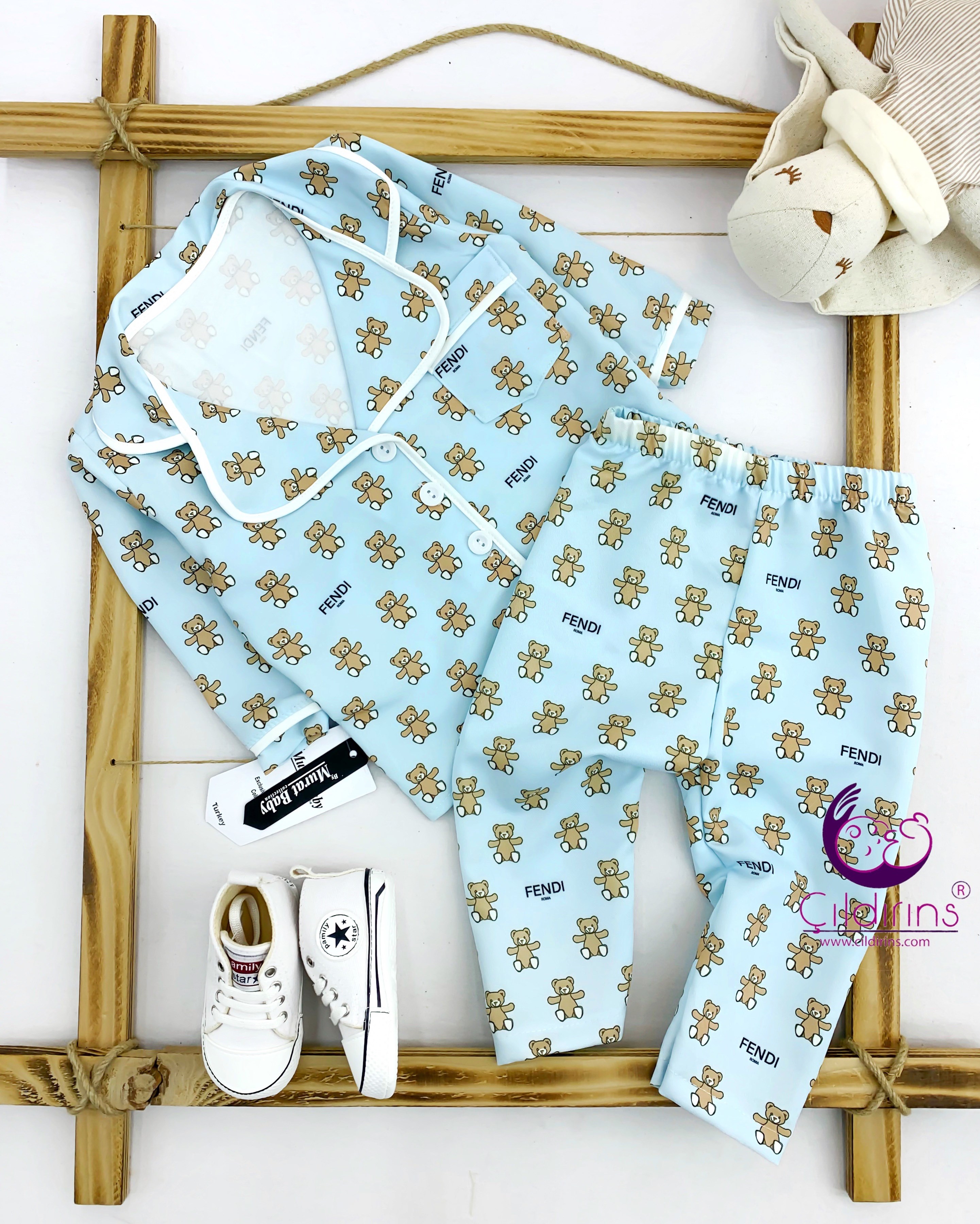 Miniapple Küçük Fendi Baskılı 2’li Bebek Pijama Takımı - KREM
