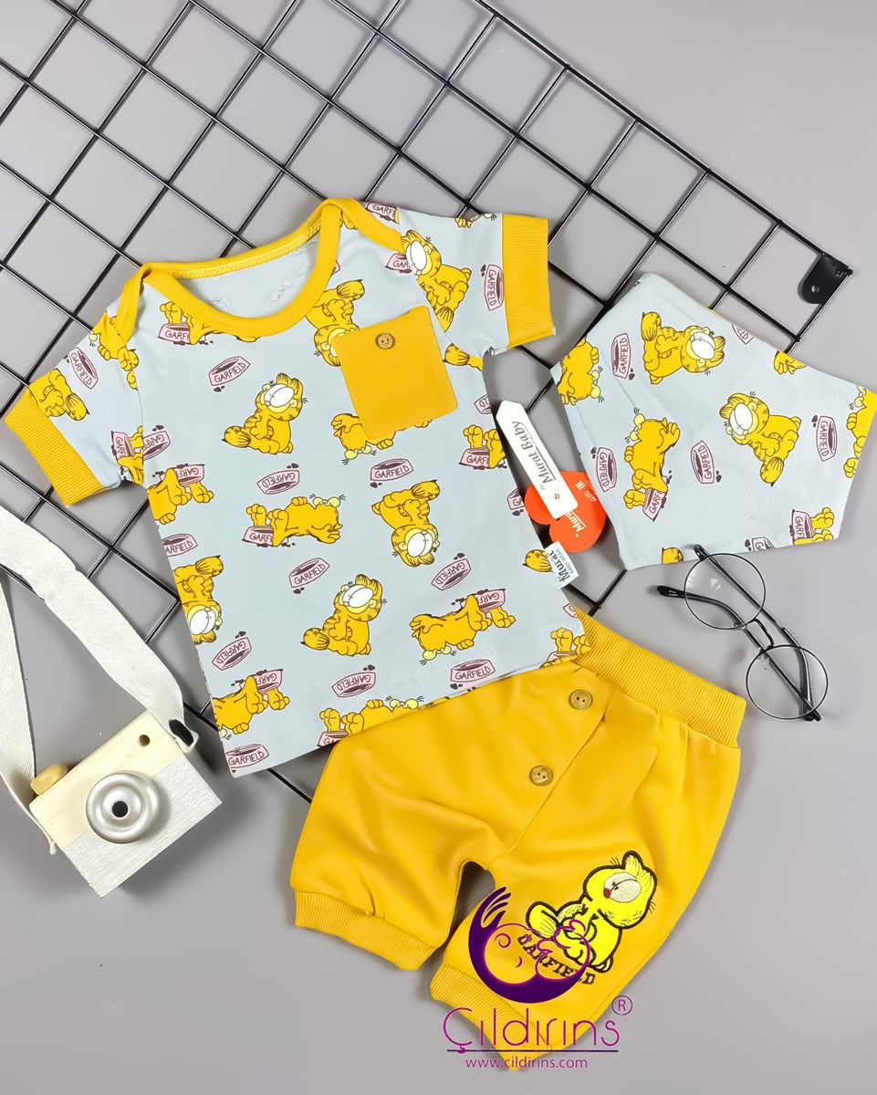 Miniapple Yazlık Garfield Desenli Cepli Fularlı 3’lü Bebek Takımı - KAHVERENGİ