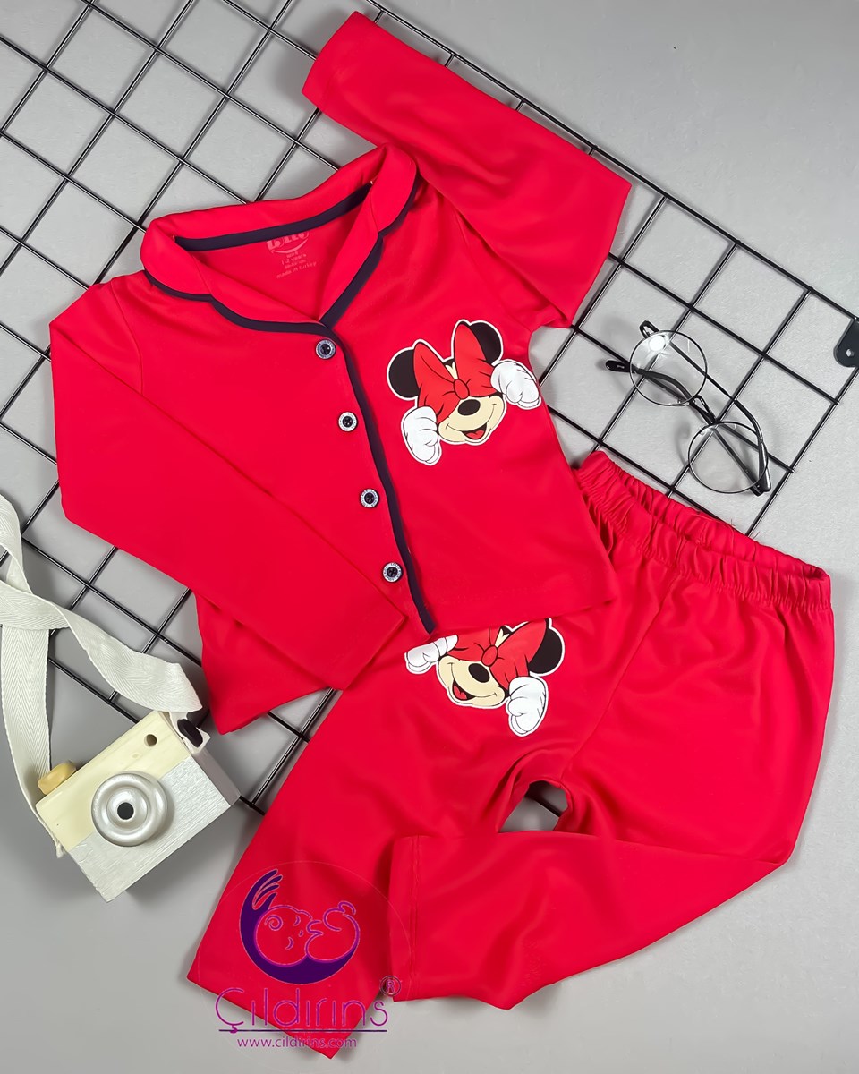 Lollo Kids Utangaç Minnie Baskılı Düğmeli  2’li Bebek Pijama Takımı - Kırmızı
