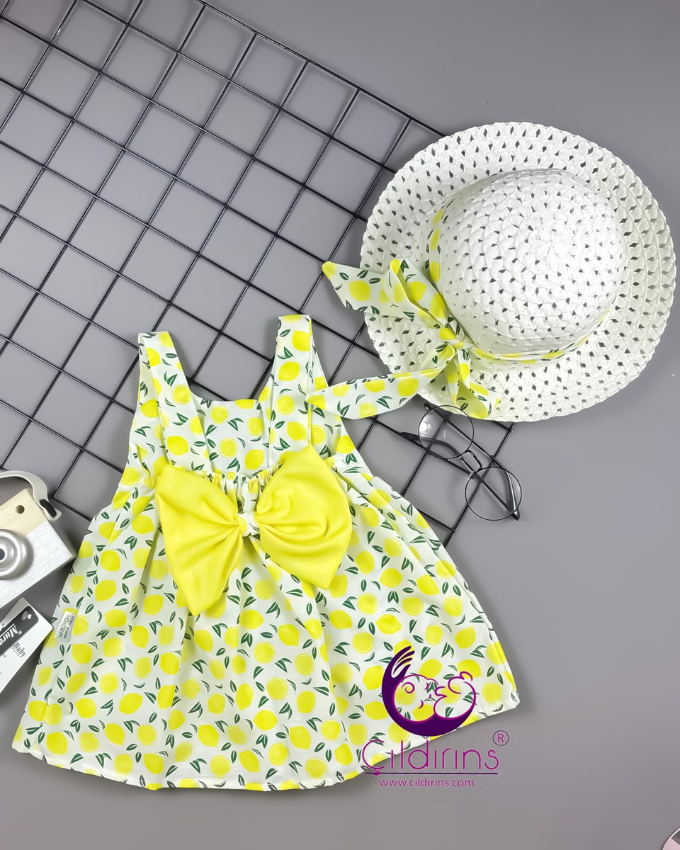 Miniapple Yazlık Limon Desenli Fötr Şapkalı Arkası Fiyonklu Bebek Elbisesi - SARI