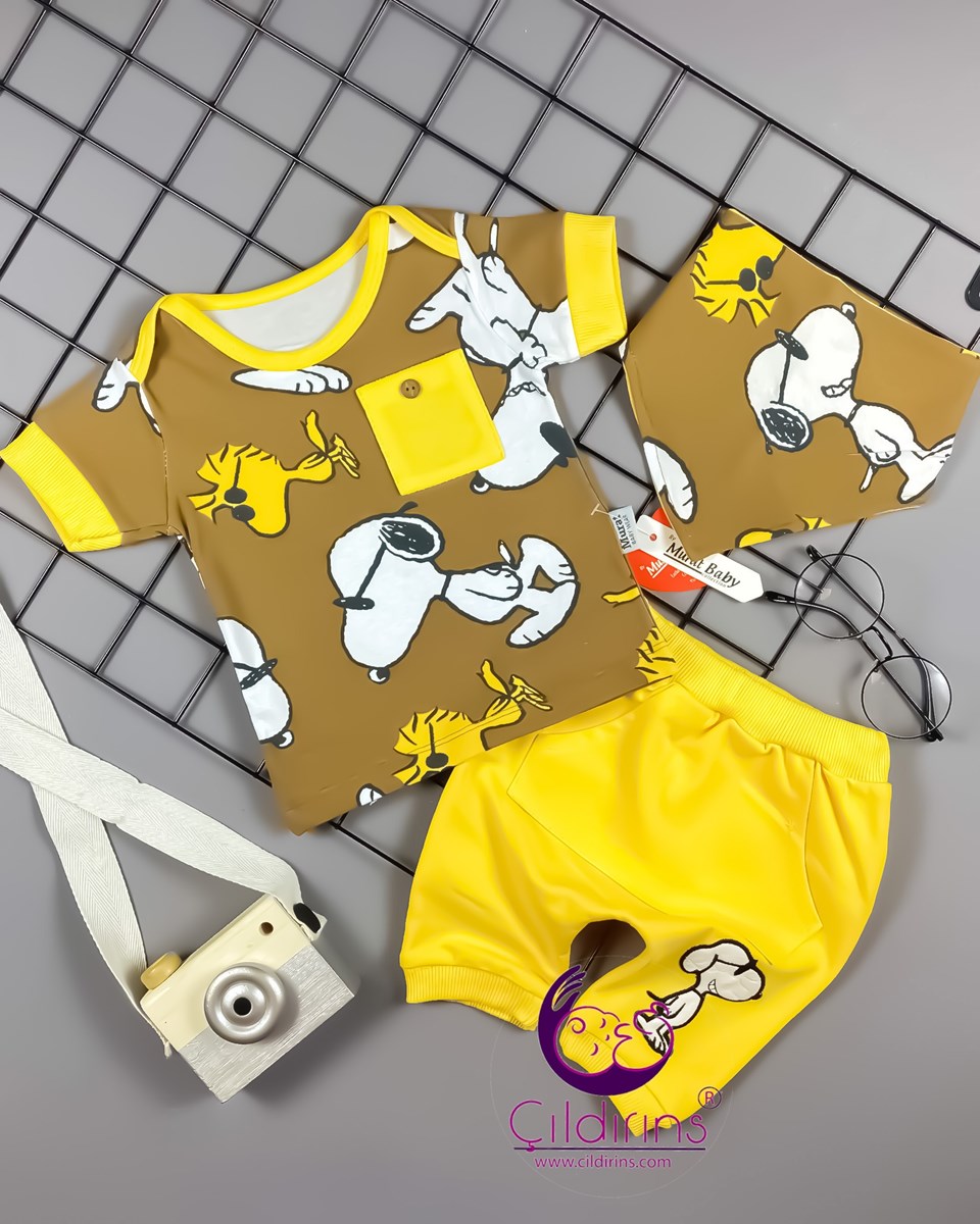 Miniapple Yazlık Snoopy Baskılı Cepli Fularlı 3’lü Bebek Takımı - YEŞİL