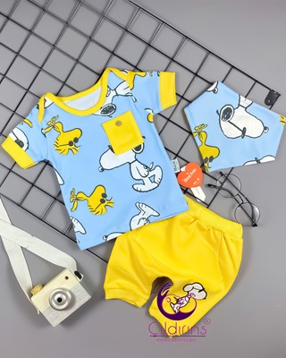 Miniapple Yazlık Snoopy Baskılı Cepli Fularlı 3’lü Bebek Takımı - MAVİ
