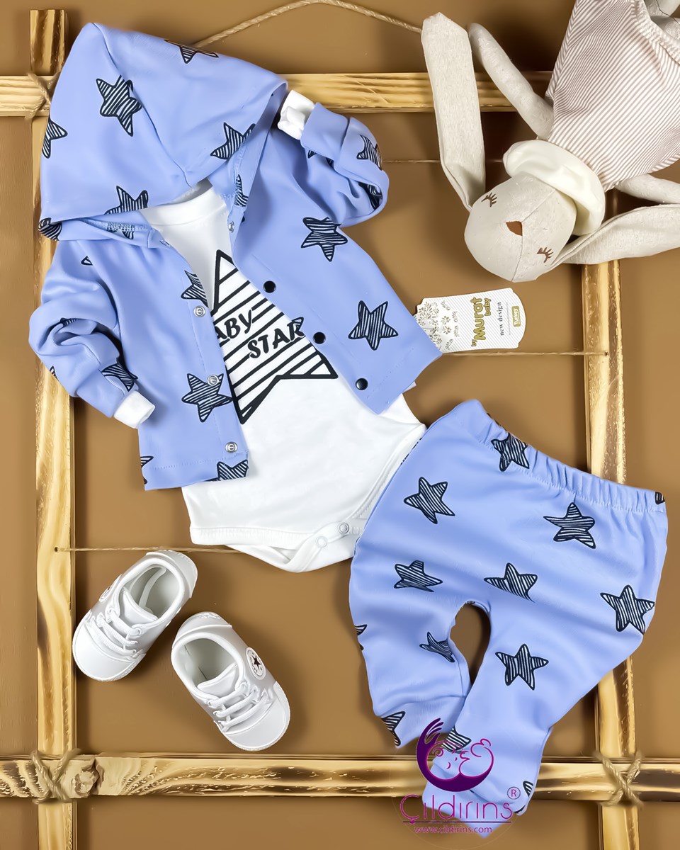 Miniapple Hırkalı Baby Star Yıldız Desenli Badili 3’lü Bebek Takımı - MAVİ