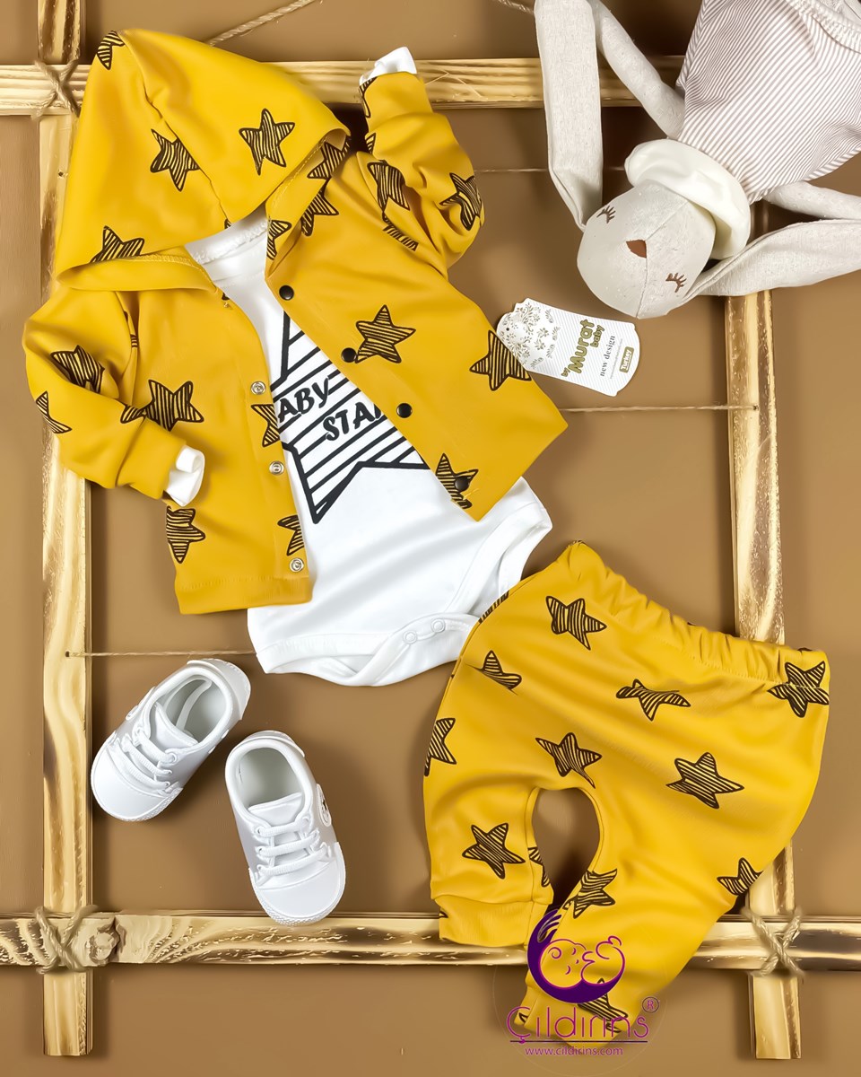 Miniapple Hırkalı Baby Star Yıldız Desenli Badili 3’lü Bebek Takımı - HARDAL