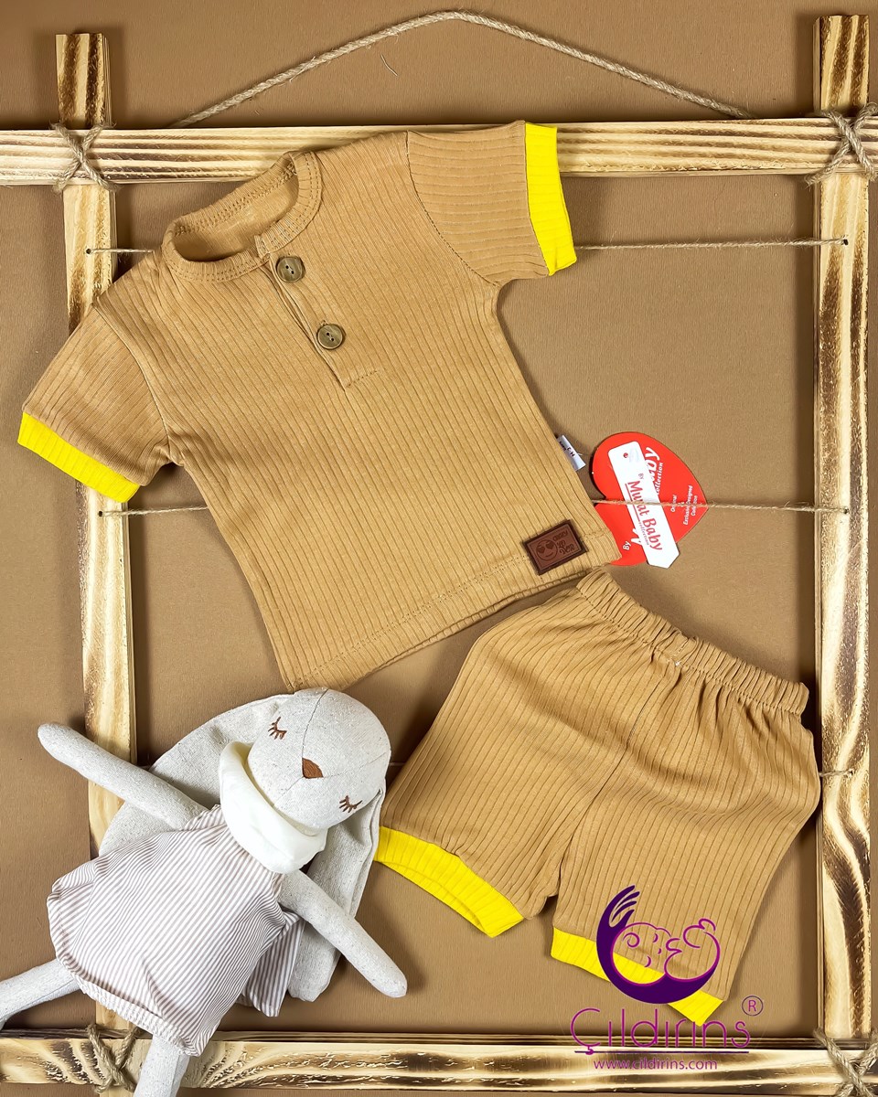 Miniapple Yazlık Fitilli Kumaş Kolları Renkli Şortlu 2’li Bebek Takımı - HARDAL