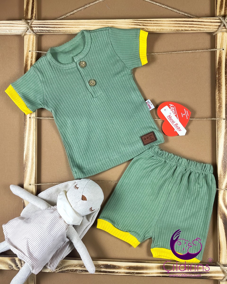 Miniapple Yazlık Fitilli Kumaş Kolları Renkli Şortlu 2’li Bebek Takımı - HARDAL