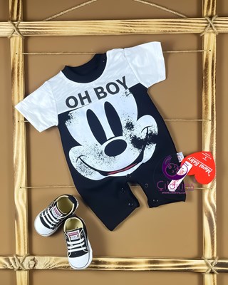 Miniapple Yazlık Oh Boy Mickey Baskılı Alttan Çıtçıtlı Bebek Tulumu - Siyah