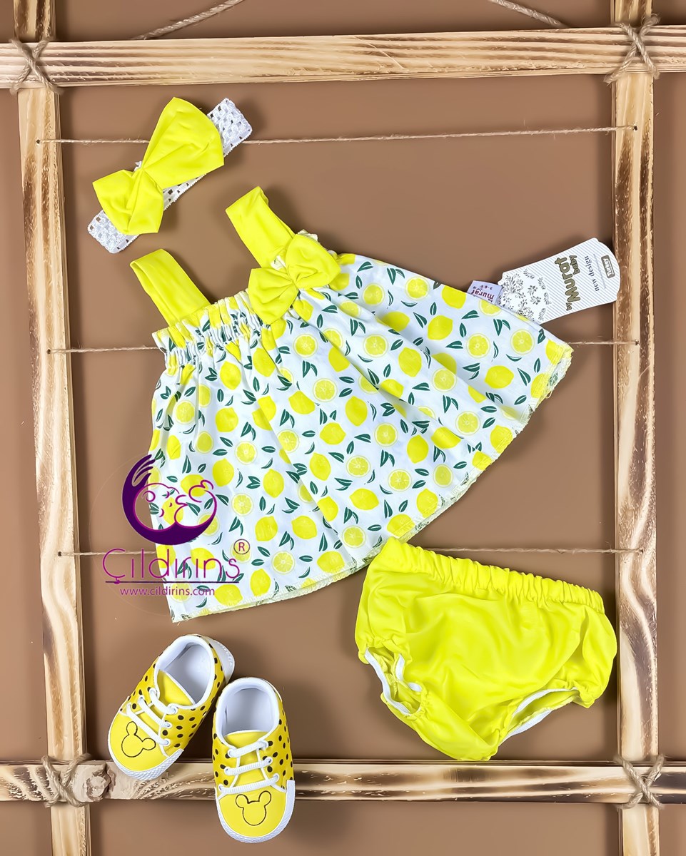 Miniapple Yazlık Bandanalı Külotlu Limon Desenli 3’lü Bebek Takımı - SARI