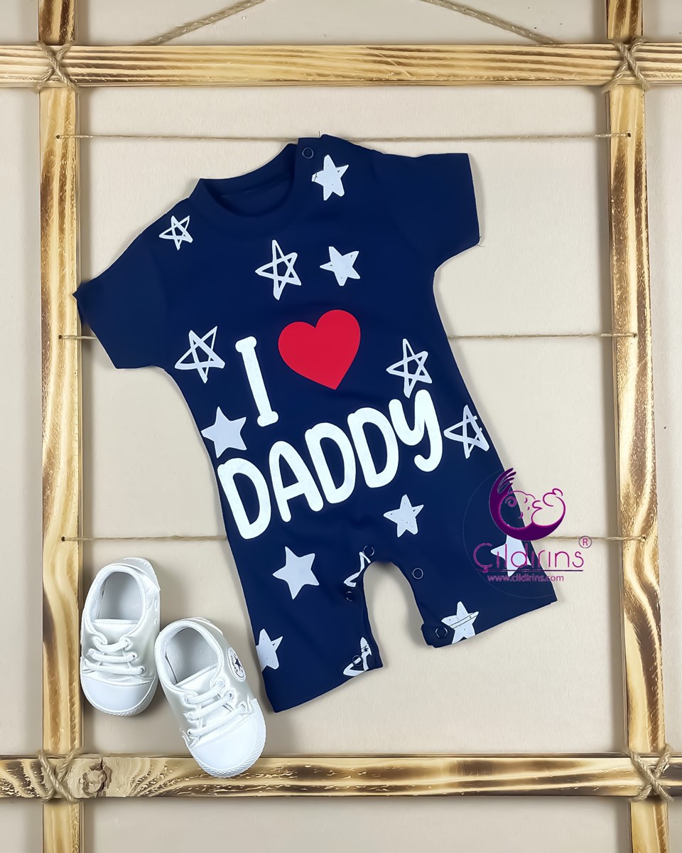 Miniapple Yazlık Yıldız Desenli I Love Mommy ve Daddy Baskılı Alttan Çıtçıtlı Bebek Tulumu - LACİVERT