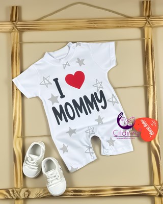 Miniapple Yazlık Yıldız Desenli I Love Mommy ve Daddy Baskılı Alttan Çıtçıtlı Bebek Tulumu - BEYAZ