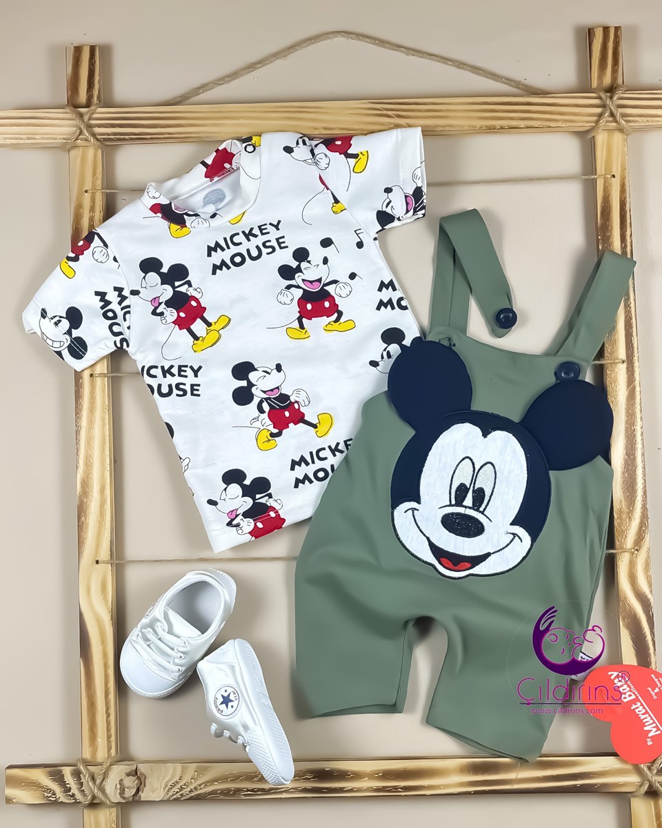 Miniapple Yazlık Badisi Beyaz Mickey Mouse Nakışlı Badili Salopet Bebek Tulumu - SİYAH