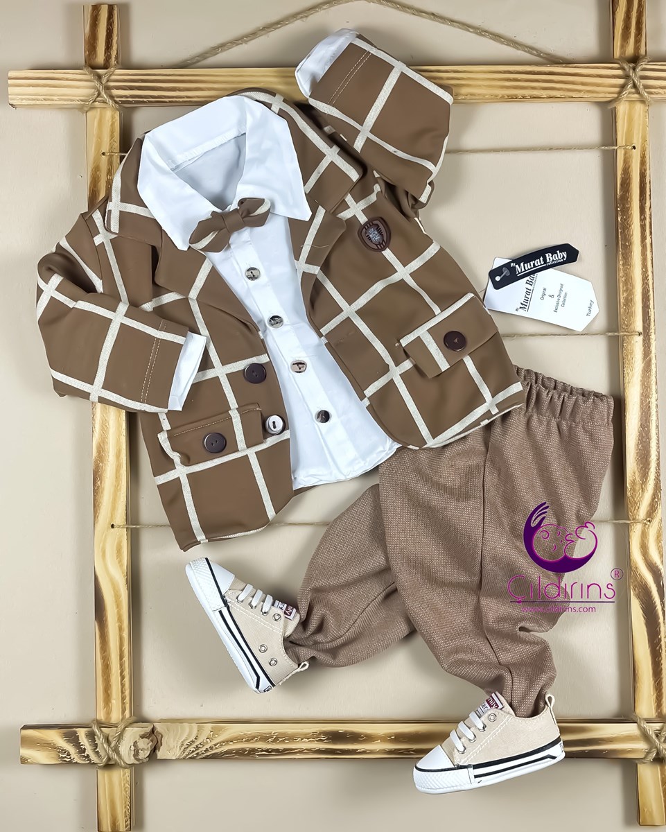 Miniapple Ekose Ceketli Papyonlu Gömlekli Bebek Takım Elbisesi - KAHVERENGİ