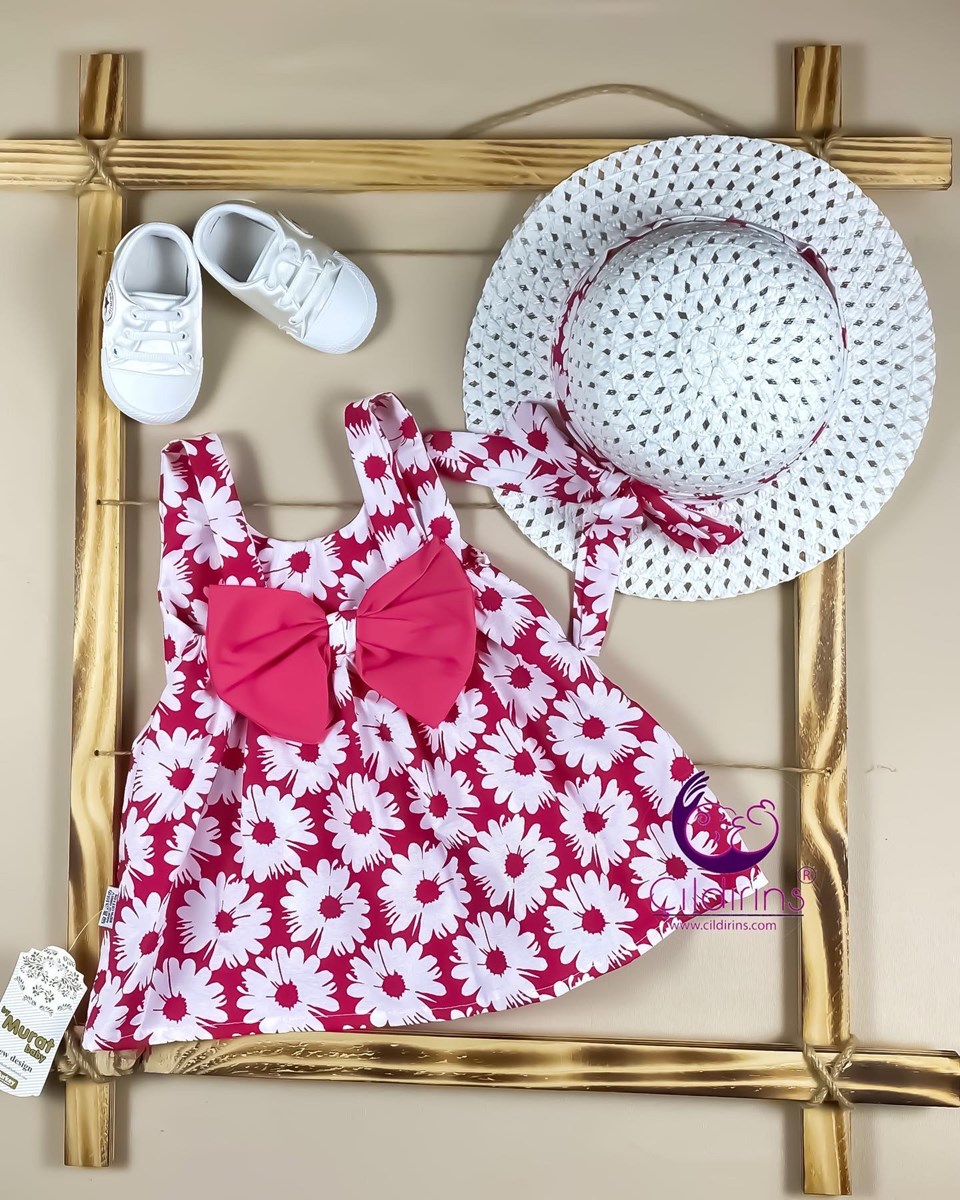 Miniapple Yazlık Arkası Fiyonklu Hasır Şapkalı Çiçek Desenli Bebek Elbisesi - SARI